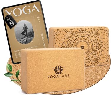 YOGALABS® Преміум йога-блок із натурального корку 22,5x15x7,5 см, екологічний, нековзний, безпечний для шкіри – аксесуар для йоги, медитації, розтяжки та сидіння