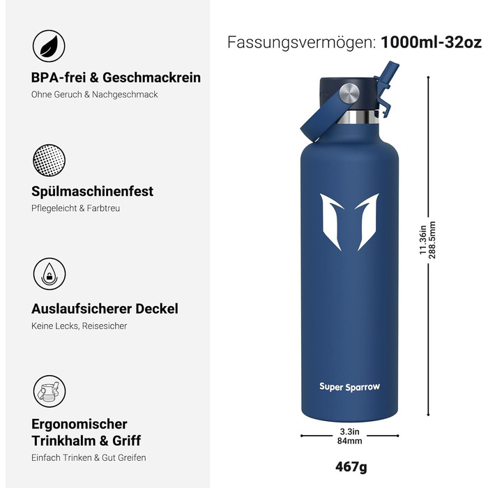 Термокружка-термос Super Sparrow з нержавіючої сталі з трубочкою - 350мл, 500мл, 750мл, 1л, 1.2л - без BPA, для спорту, подорожей, школи, активного відпочинку (1000 мл, колір: блакитний)