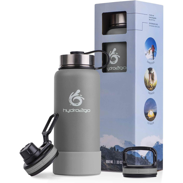 Гідрофляга hydro2go X-AlpsBottle 1 л з нержавіючої сталі – вакуумна термобутилка з 3 кришками, подвійними стінками, для спорту та туризму, Stone Grey