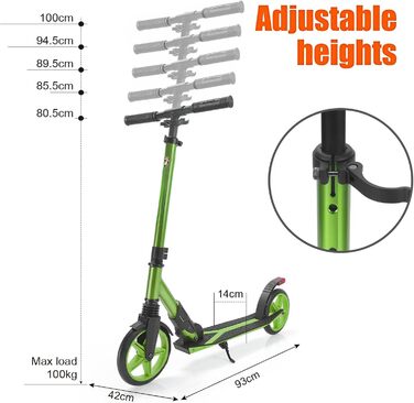 Скутер Lamborghini Tretroller Cityroller Big Wheel: складний, регульована висота, для дорослих та дітей, з підставкою, передньою підвіскою та гальмом на задньому колесі, до 100 кг (зелений)