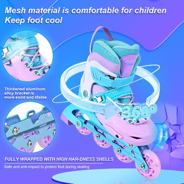 Дитячі ролики-інлайни для дівчаток з підсвічуванням коліс, фіолетовий колір. Підходять для початківців, для використання в приміщенні та на вулиці.