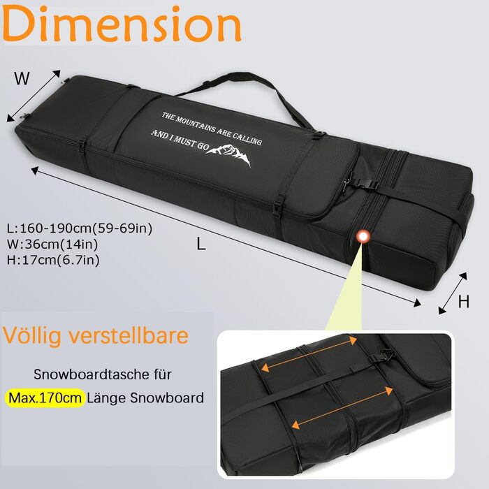Чохол для сноуборда на колесах 170 см: для сноуборда, черевиків, палиць та спорядження