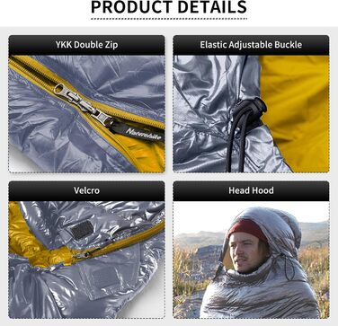 Сплячий мішок Naturehike 750FP, 4-сезонний, теплий зимовий, ультралегкий, для кемпінгу (CW700/Сірий/M)