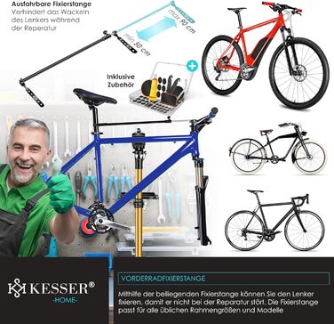 Підставка для велосипедів KESSER® Profi Alu: Ремонт, обслуговування, 360° обертання. Підходить для гірських, електровелосипедів та звичайних велосипедів. В комплекті сумка, набір для ремонту та магнітний органайзер для інструментів.