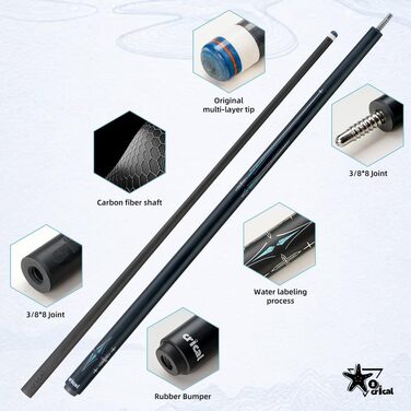 CRICAL Більярдний кий з карбонового волокна, 147.3 см, професійний, з'єднання 3/8 x 8, наконечник 12.5 мм