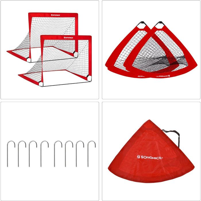 Ворота для футболу SONGMICS для дітей, 2 шт., Pop-up, 90x120x90 см, швидкий монтаж, для саду, парку, пляжу, стійки з скловолокна, Oxford-тканина та поліестерна сітка (Червоний)