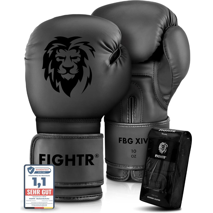 Боксерські рукавички FIGHTR® - Максимальний захист та стабільність | Для боксу, MMA, муай-тай та кікбоксингу | Розміри 8-16 oz, з сумкою 10 oz All Black