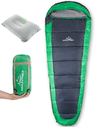 Сплячий мішок MOUNTREX® – ультралегкий та компактний (850г) – для відпочинку на природі, літній спальний мішок, мумієподібний (205x75 см) – малий об'єм при згортанні, легкий – для підлітків та дорослих + подарунок: надувне зелене подушечка для подорожей