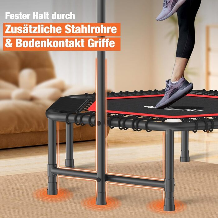 Фітнес-батут DH FitLife для дому Ø114 см, стабільний до 150 кг з ручкою, професійна якість, 36 посилених гумових тросів, безшумне амортизацію та протиковзкі ніжки
