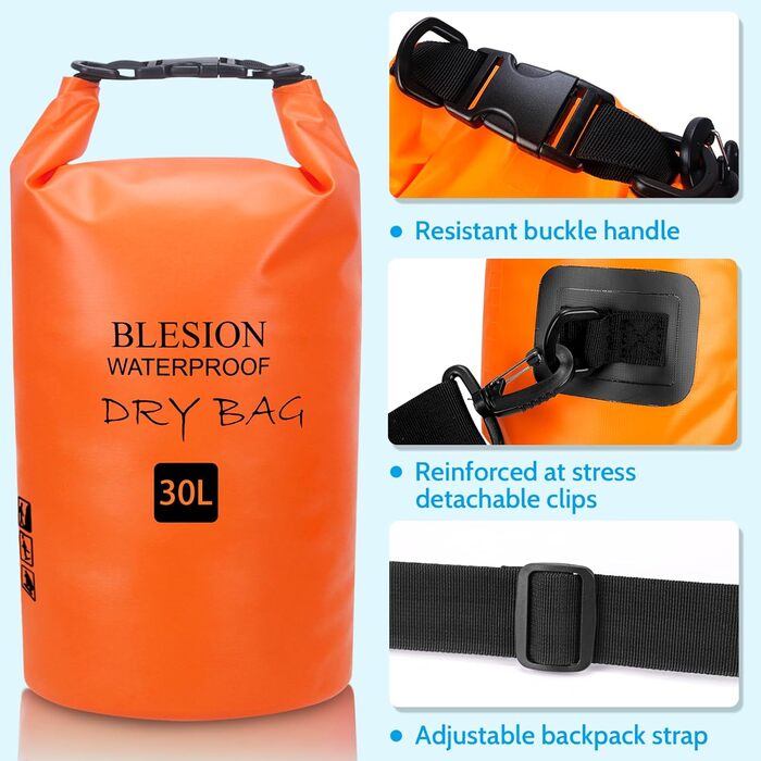 Водонепроникний мішок Dry Bag 5L/15L/20L/30L з регульованим плечовим ременем - рюкзак для каякінгу, риболовлі, плавання, піших прогулянок та подорожей (Оранжевий, 20L)