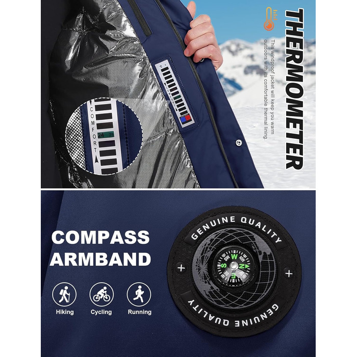 Зимова куртка для чоловіків, водонепроникна, тепла, з капюшоном та компасом. Підходить для катання на лижах та сноуборді. Розмір XL, колір морської хвилі.