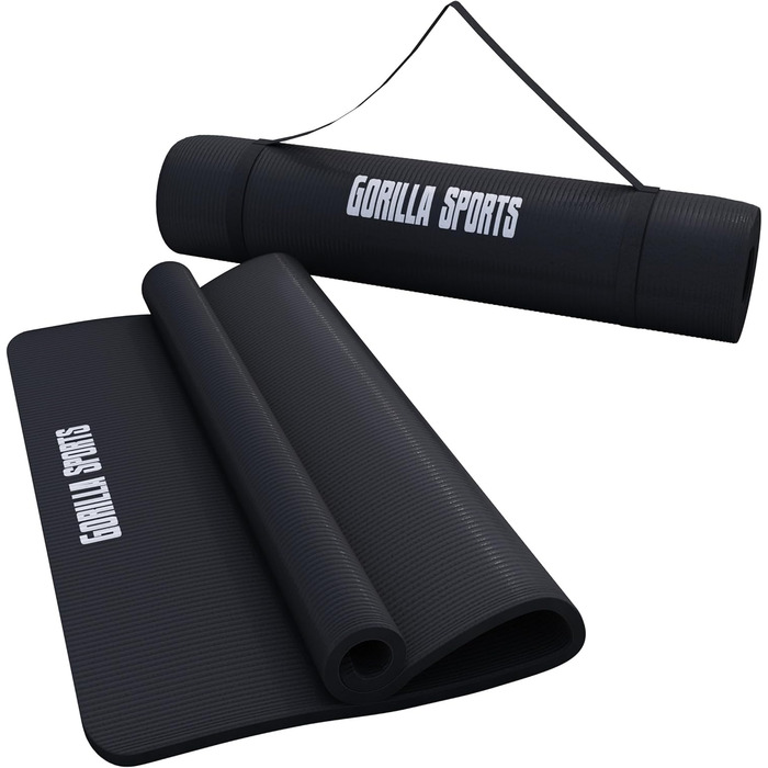 Йога мат GORILLA SPORTS® 190x100x1,5 см з ручним ременем, не містить фталатів, антиковзаюча, чорна. Підходить для фітнесу, гімнастики та тренувань