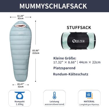 Спальний мішок зимовий Daunenschlafsack з графеновим покриттям, -24°C, 620FP, 1500г пуху, для кемпінгу, трекінгу, гірських походів (світло-зелений)