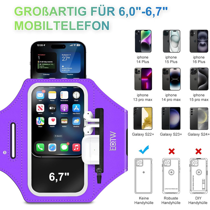 Спортивний браслет EOTW для телефону: фіксатор на руку з кишенькою для AirPods, сумісний з iPhone 16/15/14/13 Pro, Galaxy S24/S23/S22 (5.5'-6.0' та 6.0'-6.7')