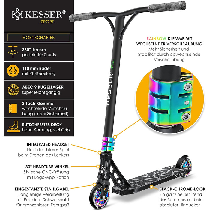 Трюковий самокат KESSER GT-Limit 360° для дітей і дорослих, з підніжкою, підшипники ABEC 9, 110 мм PU колеса, міський самокат для трюків