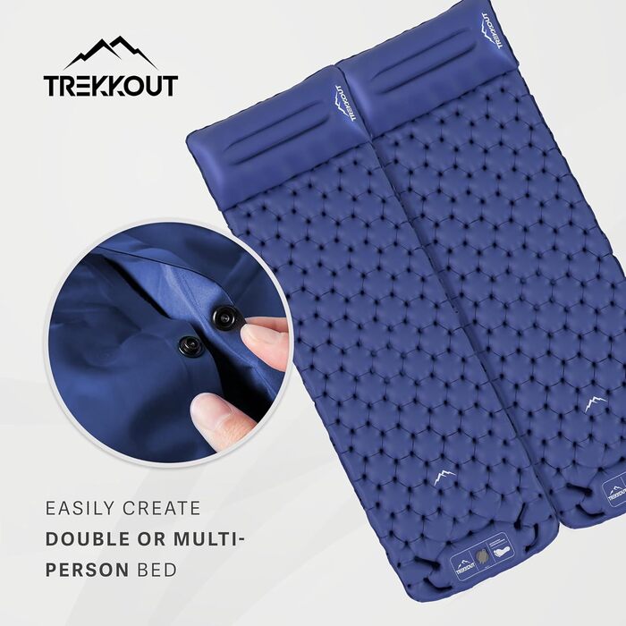 TREKKOUT Ultraleichte Isomatte з подушкою | Легка надувна туристична матрац для кемпінгу, подорожей та відпочинку | З інтегрованою помпою, водонепроникна, для одного спального місця