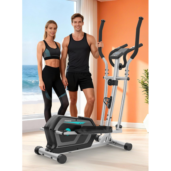 Еліптичний тренажер Neezee для дому з Bluetooth, 16 рівнів опору, 6 кг маховиком, LCD-монітором, датчиком пульсу та тримачем для пляшок (срібний)