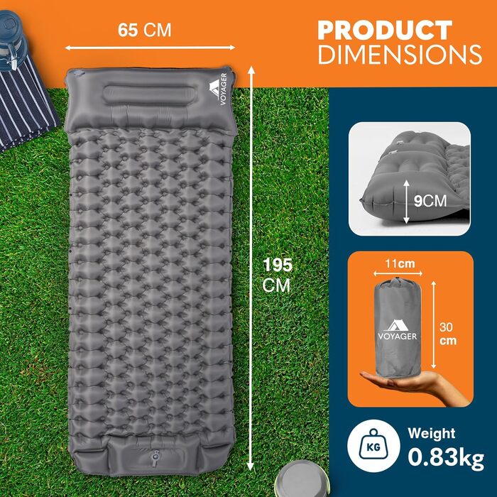 Самонадувний килимок для кемпінгу Voyager Single Ultraleicht (40D Nylon + TPU), сірий, для туризму, піших прогулянок, рюкзаків