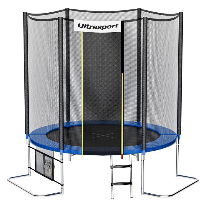 Трамплін Ultrasport SICHERSTE для дітей на відкритому повітрі Ø180/244/305/366/430 см, до 150 кг, з тихою гумовою пружиною, повний комплект з сіткою безпеки, аксесуари, садовий, безпечний (блакитний, Safe 244 см)