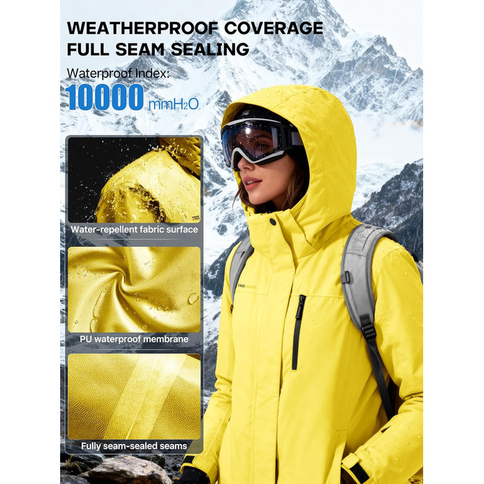Жіноча водонепроникна куртка для катання на лижах FREE SOLDIER з флісовою підкладкою та капюшоном. Тепла зимова куртка-дощовик XXL, кремовий/жовтий колір