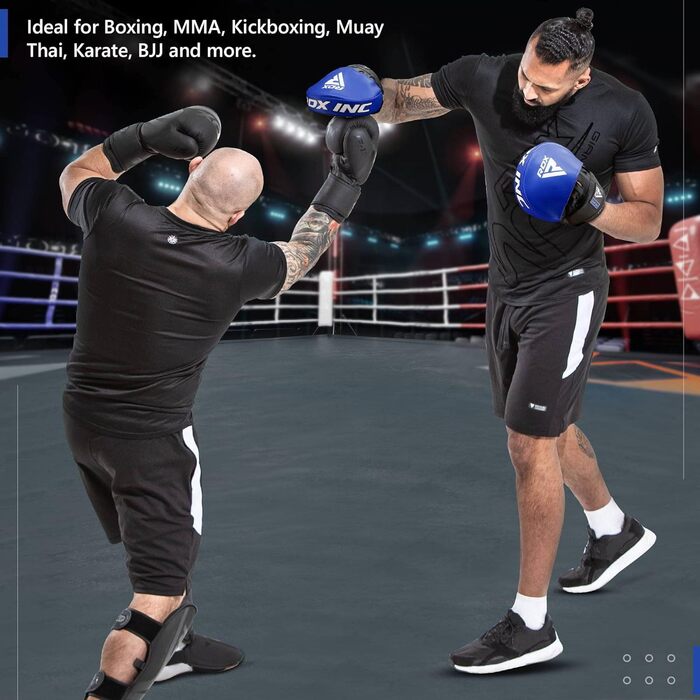Боксерські лапи RDX для тренувань MMA, кікбоксингу та тайського боксу, зі шкіри Maya Hide, універсальні ударні подушки, синьо-білі