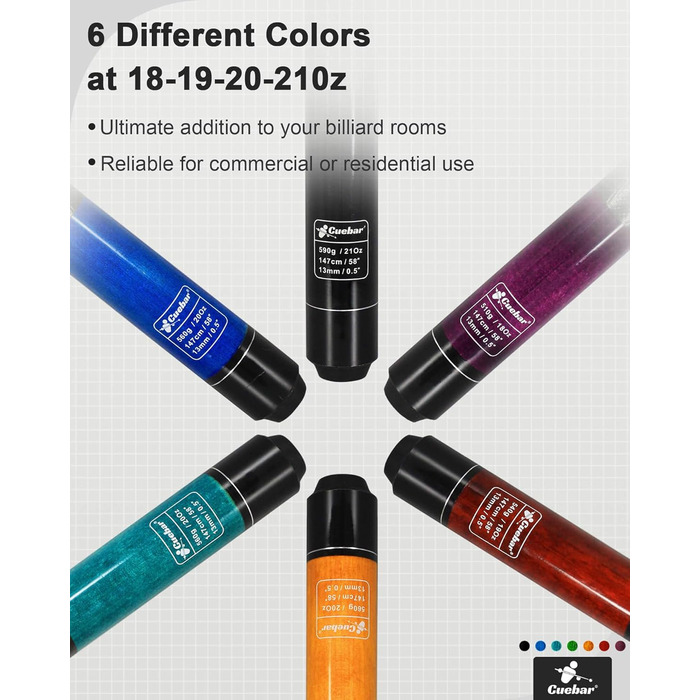 Набір київ для більярду CUEBAR 6 шт., кийки для більярду 45,7 см, 50,8 см, 595.3 г, кийки для більярду для дому з 3D-рукояткою, 147,3 см, для чоловіків та жінок, кольори: фіолетовий, червоний, зелено-блакитний, синій, чорний