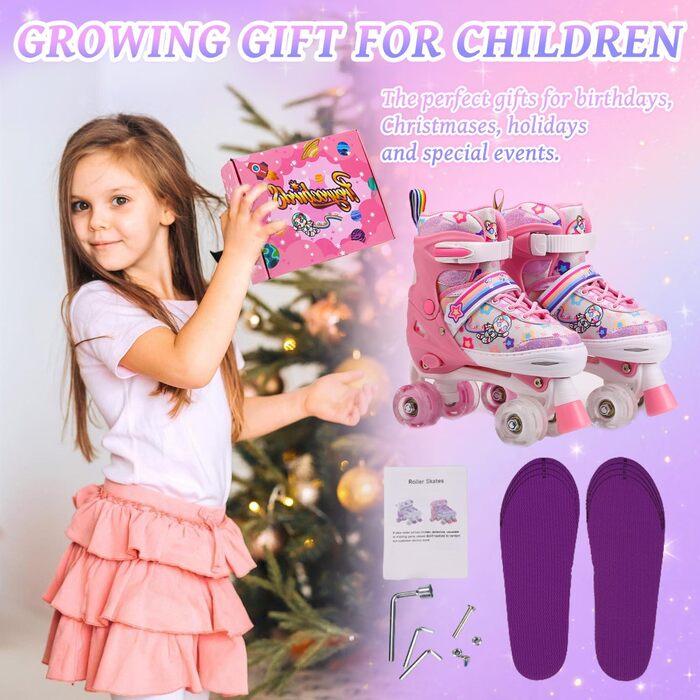 Роликові ковзани для дітей, ролики для дівчаток та початківців, регульовані, з підсвічуванням, дихаючі, для подарунка (рожеві)