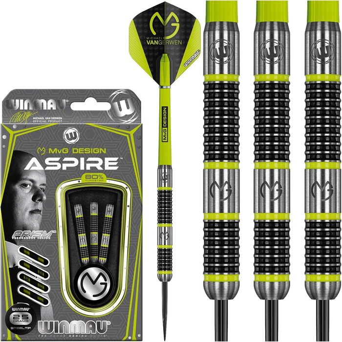 Дротики WINMAU Michael Van Gerwen MvG Aspire, вольфрамові, сталевий наконечник, з призмовими крилами та нейлоновими хвостовиками, 25 г
