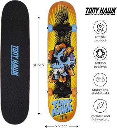 Скейтборд Tony Hawk Signature Series 78,7 см, 9-шарове кленове дек для трюків, спуску, круїзингу та карвінгу, дизайн 