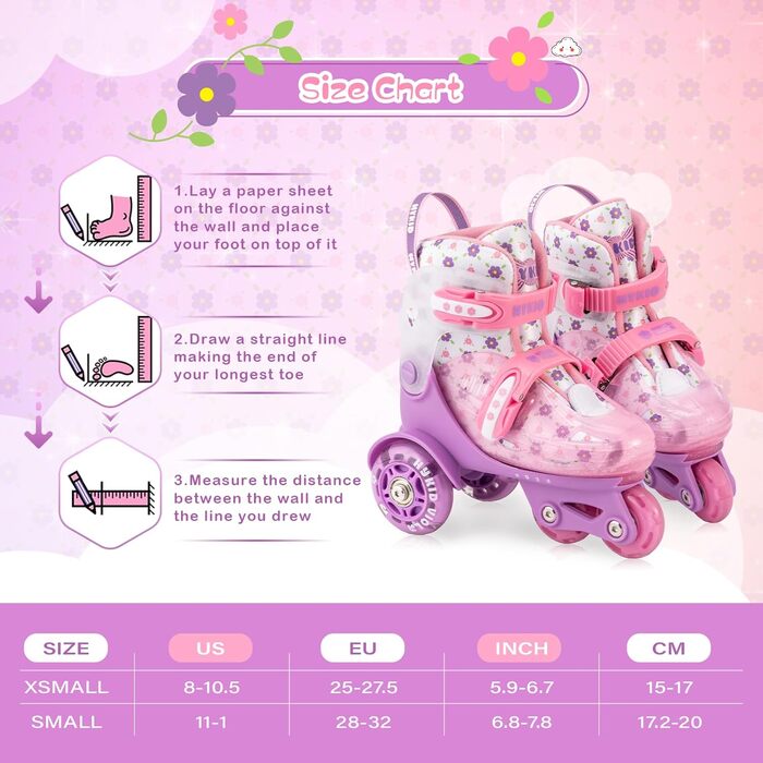 Дитячі ролики для дівчаток, 4 розміри, регульовані, безпечні, з дихаючим матеріалом, квіткові, EU 28-32