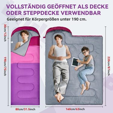 Спальні мішки для дорослих та дітей – ультралегкі, компактні, 3-сезонні спальні мішки для кемпінгу (фіолетовий), 1,3 кг