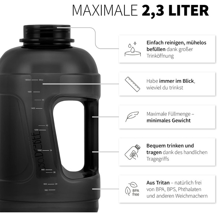 Спортивна пляшка для води 720°DGREE uberBottle Jug 2300 мл з ручкою, BPA-free, герметична, чорна Crystalclear – для фітнесу, тренувань, залу