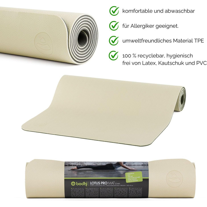 Килимок для йоги Bodhi Lotus Pro | Нековзний килимок для занять спортом, гімнастикою, пілатесом та фітнесом | Антиковзний килимок для йоги | Гіпоалергенний тренувальний килимок Темно-зелений/Зелений (пісок/світло-сірий)