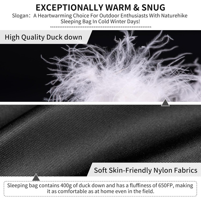 Спальний мішок Naturehike CW400 ультралегкий пуховий для дорослих, 650FP, -11°C—6°C, з водонепроникним компресійним мішком, для походів, велопоїздок, кемпінгу
