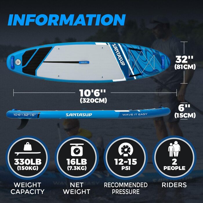 Надувний  SUP-борд Santasup Sport-Blue: Комплектація для дорослих (весло, насос, рюкзак, лінька, сумка)