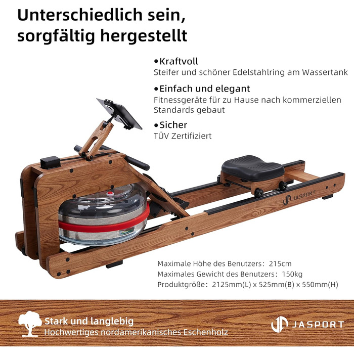 JASPORT R1: Гребний тренажер для дому з масивного дерева (Еш) з комп'ютером та кріпленням для планшета | JASPORT