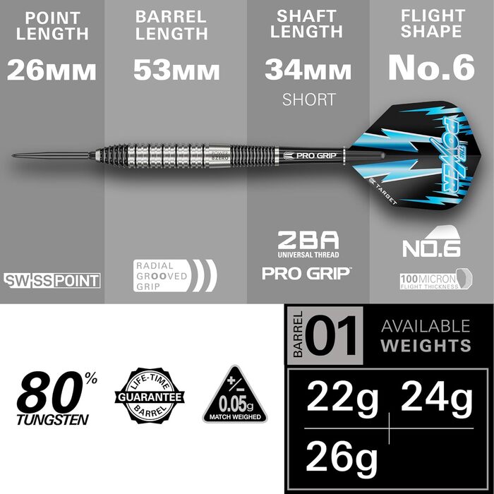 Дарти сталеві Target Darts Phil Taylor Power 8-Zero (80% вольфрам, 22/24/26г) + Swiss Point наконечники, Pro Grip шафти, No.6 пір'я