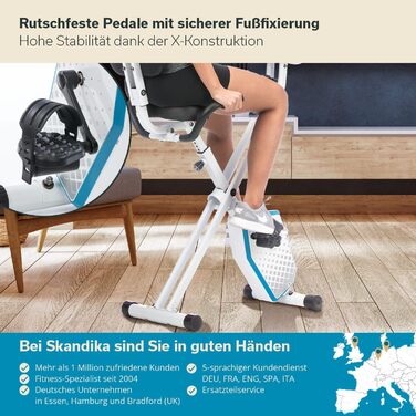 Складаний фітнес-велотренажер Skandika Foldaway X-1000 PLUS з пульсометром, Bluetooth, тримачем для планшета, спинкою, біло-синій