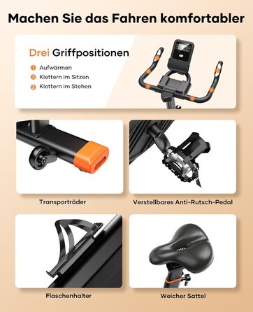 Велотренажер Neu Toputure з вимірюванням пульсу, 15 кг маховик, магнітний опір, до 160 кг, тримач для планшета, тримач для напоїв, помаранчевий