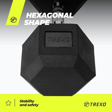 Гантеля TREXO Hex 32,5 кг, гексагональна, гумова, чавунна, для силових тренувань, ергономічна ручка