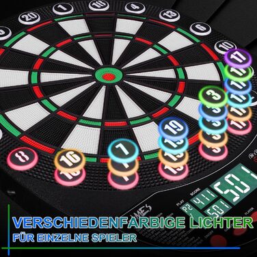 Електронний дартс WIN.MAX Profi Set: 34 гри, 354 варіанти, 3 мови (Deutsch, English, Français), 1-8 гравців, 12 дротиків (зелені та червоні) з підсвіткою