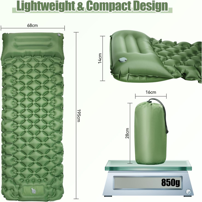 Isomatte самонадувна туристична, килимок для кемпінгу Ultraleicht з помпою та подушкою, водонепроникний, для відпочинку на природі
