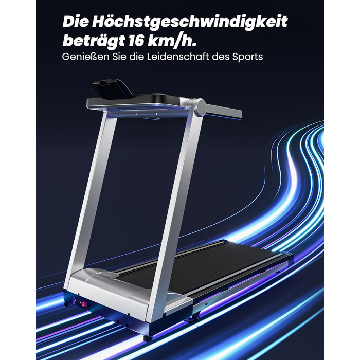 Складне бігове доріжки для дому Klappbar 16 km/h, Walking Pad Foldable з нахилом 6%, бігове доріжки 158 KG велика площа бігу 112 * 42cm, бігове доріжки тихе для дому та офісу (Срібно-Чорний)