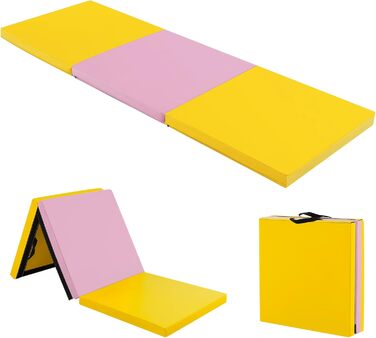 Складаний гімнастичний мат KOMFOTTEU 180x60x5 см, товстий м'який мат для фітнесу йоги з ременем для перенесення, нековзний, жовтий + рожевий