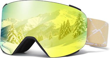 Гірськолижні окуляри VCOROS YH693C з магнітною OTG, захистом від сонця, проти запотівання, повним покриттям REVO, регульованим ремінцем, для сноуборду та катання на лижах. Срільно-білий (VLT13%) / Золотий REVO-чорний (VLT7%)