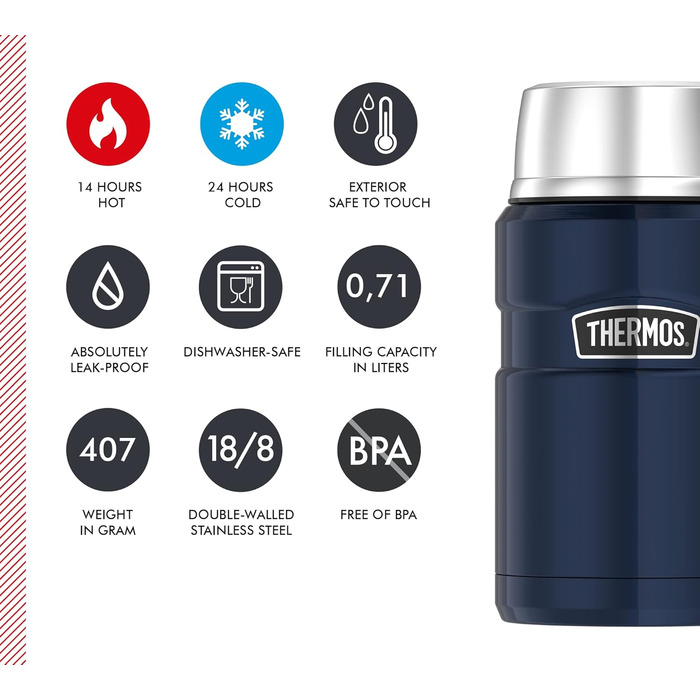 Термос STAINLESS KING для їжі чорний матовий 0,47л - нержавіюча сталь, абсолютно герметичний, зберігає їжу гарячою 9 годин та холодною 14 годин, з відкидним ложкою, без BPA (Midnight Blue Polished, 0,71 л)