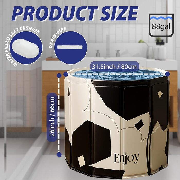 Складана портативна ванна для дорослих STARBRIIANT (80x66 см) — крижана ванна для відновлення м'язів, SPA та спорту, чорно-біла, розмір L