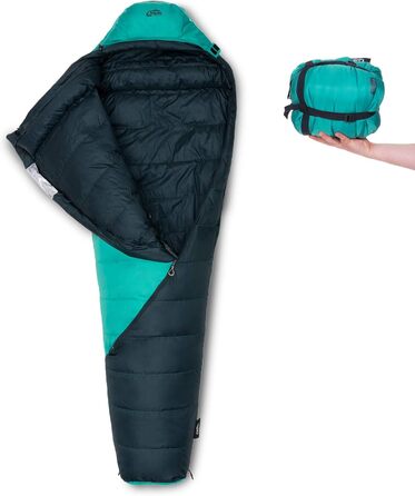 Сплячий мішок Qeedo Fluffy 0 Daunen - 4 сезони, температура комфорту 0°C, RDS-сертифікований, для кемпінгу, трекінгу, туризму (Турквіс, M)