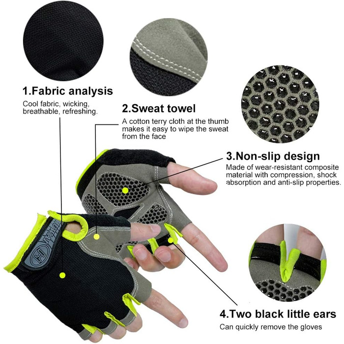 Велосипедні рукавички для чоловіків MTB, рукавички для тренувань та велоспорту, напівпальцеві. Підходять для шосе та гірського велосипеда, силових тренувань. Зручні літні рукавички для чоловіків та жінок (2#Чорний та зелений-M)