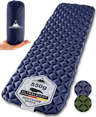 WANDERFALKE® Килимок туристичний надувний 550г - XL (66см) - для кемпінгу, трекінгу, байкпакінгу, Outdoor, блакитний